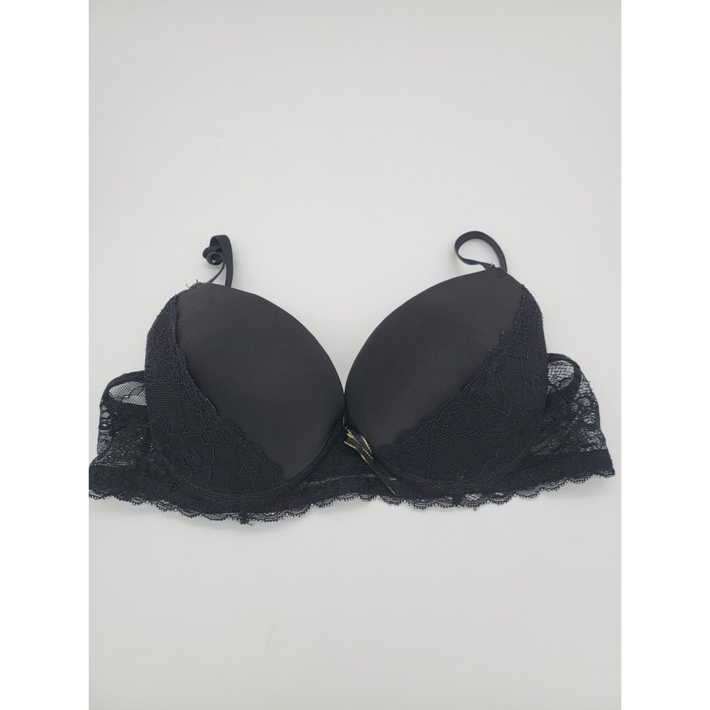 Inteco Intimates Bra 36C Womens Black Push Up Padded Black Lace Adjustable Strap